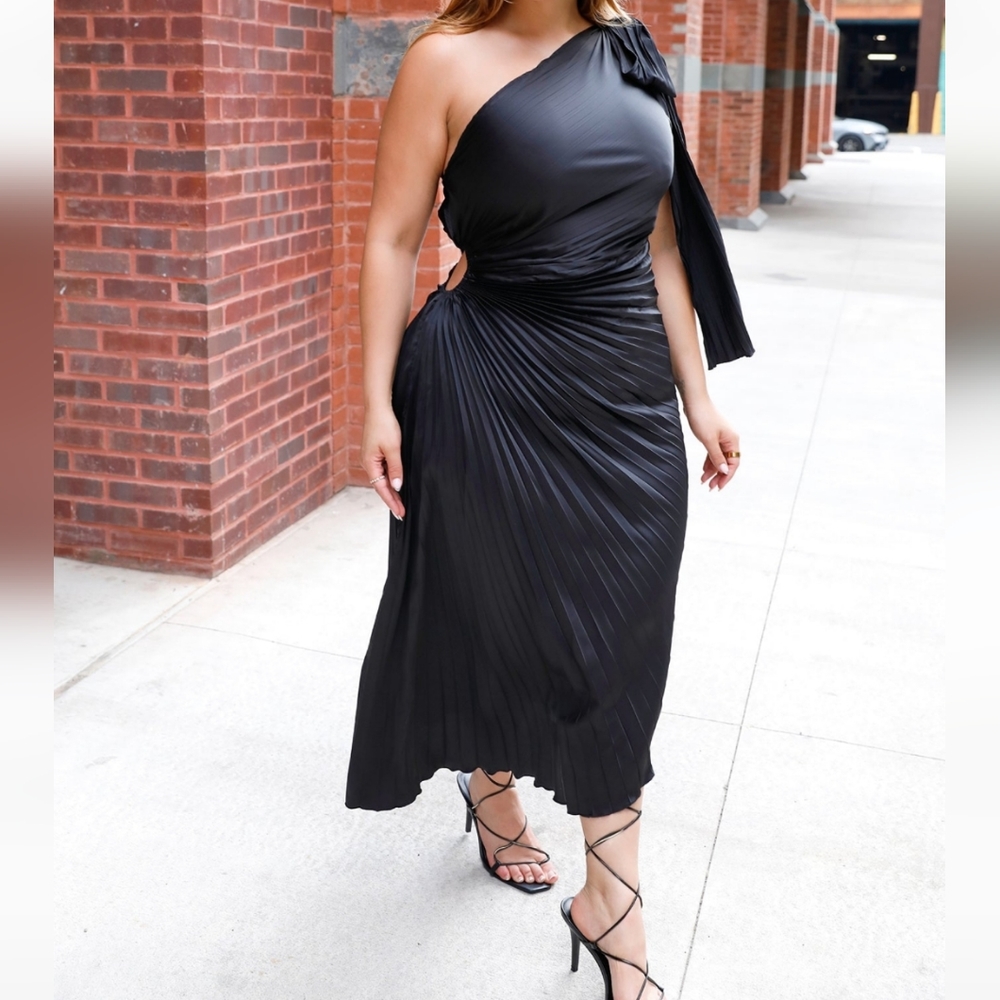 Makena Satin Pleated Midi Bodycon Dress